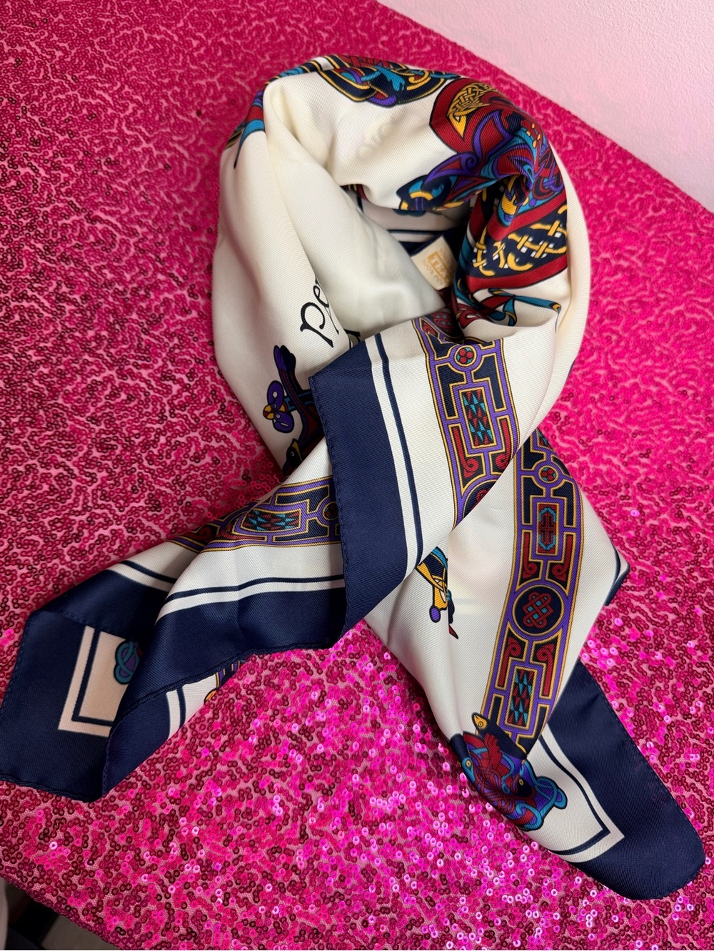 The Book of Kells and Irish brand Navy and Ivory Printed Women's Silk-Feel Scarf